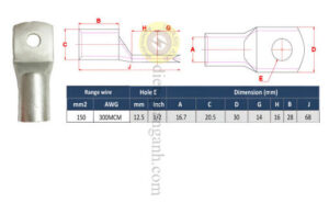 NC150-12 - Đầu cos đồng 150mm², 1 lỗ 12.5mm, đuôi ngắn