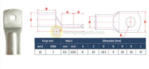 NC35-8 - Đầu cos đồng 35mm², 1 lỗ 8.5mm, đuôi ngắn