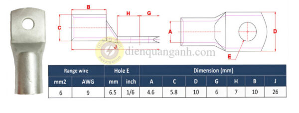 NC6-6 - Đầu cos đồng 6mm², 1 lỗ 6.5mm, đuôi ngắn