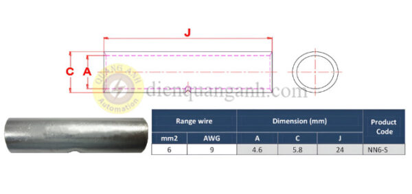 NN6-S - Ống nối đồng mạ thiếc 6mm², loại ngắn