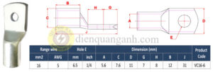 VC16-8 - Đầu cos đồng 16mm², 1 lỗ 8.5mm