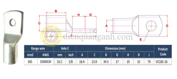 VC185-16 - Đầu cos đồng 185mm²