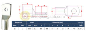 VC25-12 - Đầu cos đồng 25mm², 1 lỗ 12.5mm