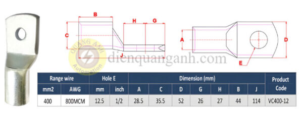 VC400-12 - Đầu cos đồng 400mm²