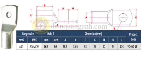 VC400-16 - Đầu cos đồng 400mm²