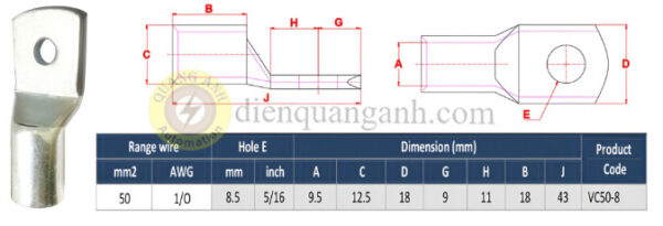 VC50-8 - Đầu cos đồng 50mm²