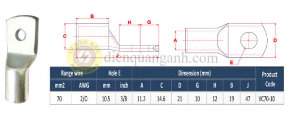 VC70-10 - Đầu cos đồng 70mm²