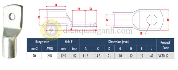 VC70-12 - Đầu cos đồng 70mm²