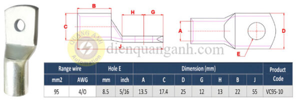 VC95-10 - Đầu cos đồng 95mm²