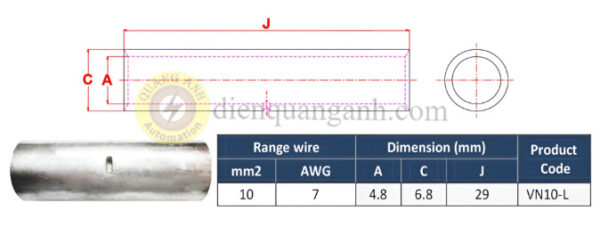 VN10-L - Ống nối đồng mạ thiếc 10mm²