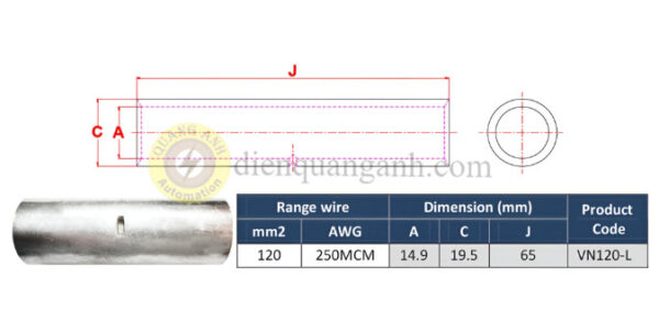 VN120-L - Ống nối đồng mạ thiếc 120mm²