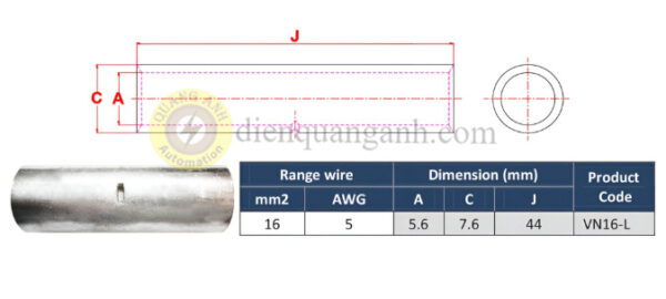 VN16-L - Ống nối đồng mạ thiếc 16mm²