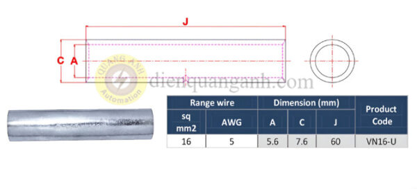 VN16-U - Ống nối đồng cáp ngầm trung thế 30KV, 16mm²