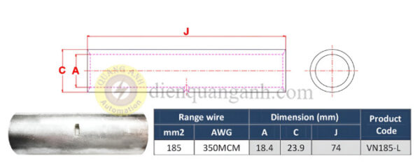 VN185-L - Ống nối đồng mạ thiếc 185mm²