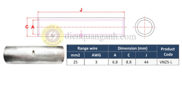 VN25-L - Ống nối đồng mạ thiếc 25mm²