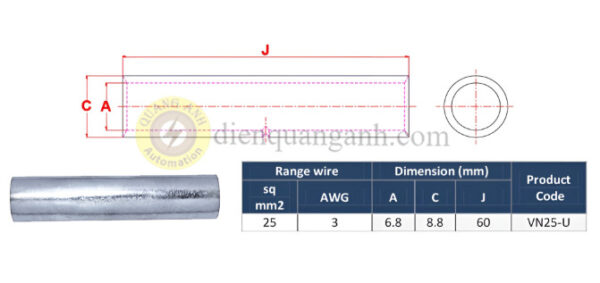 VN25-U - Ống nối đồng cáp ngầm trung thế 30KV