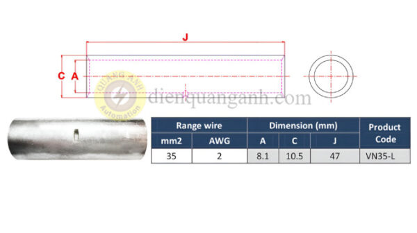 VN35-L - Ống nối đồng mạ thiếc 35mm²