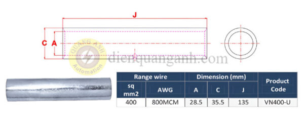 VN400-U - Ống nối đồng cáp ngầm trung thế 30KV