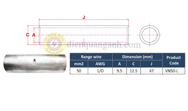 VN50-L - Ống nối đồng mạ thiếc 50mm²